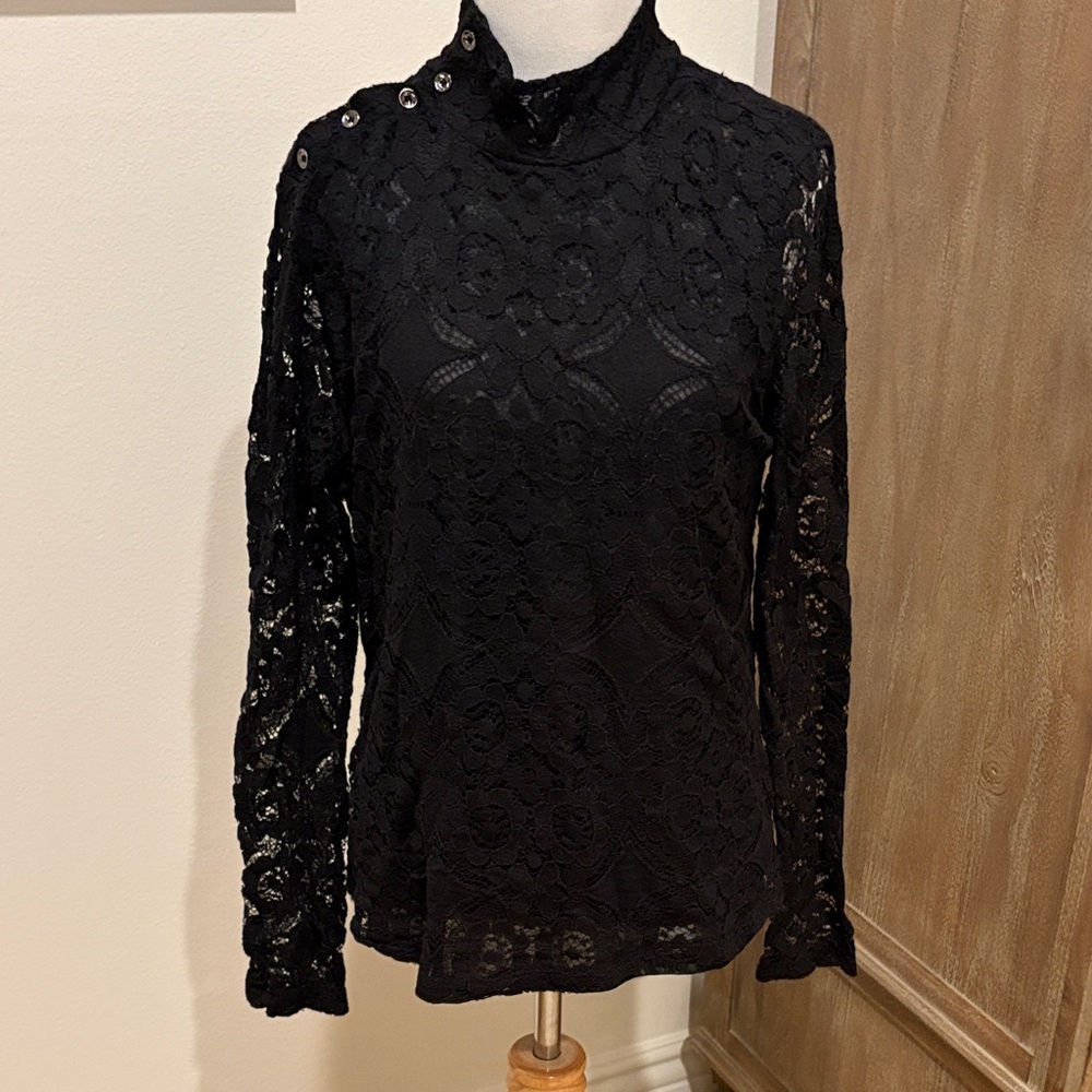 Anthropologie Black Lace Blouse with Button Detail